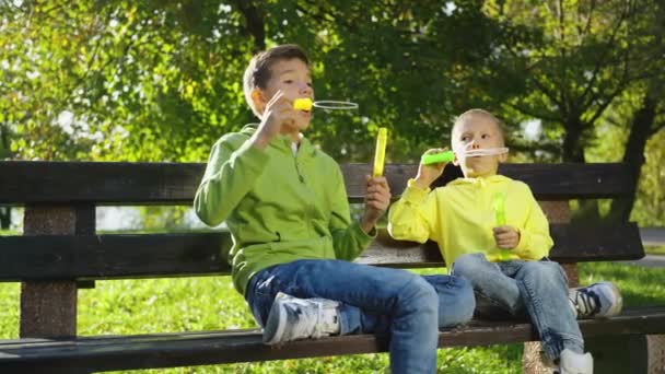 Dos Hermanos Jóvenes Disfrutan Alegría Soplar Burbujas Banco Del Parque — Vídeos de Stock