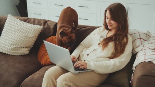Ung Kvinna Arbetar Laptop Tillsammans Med Hennes Uppmärksam Fransk Bulldogg — Stockvideo