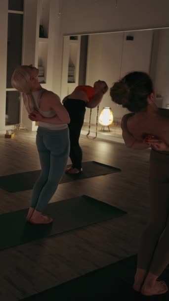Κάθετη Οθόνη Γυναίκες Στην Τάξη Της Γιόγκα Εκτελούν Ασκήσεις Τεντώματος — Αρχείο Βίντεο