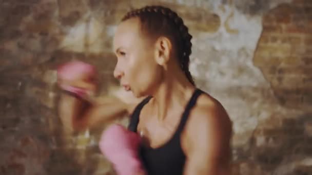 Female Boxer Wearing Black Tank Top Her Hair Braids Pink — Wideo stockowe