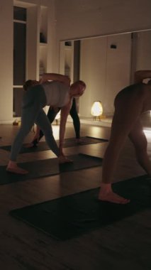 Dikey ekran: Yoga sınıfındaki bireyler, sakin ve odaklanmış ambiyansla loş bir stüdyoda üçgen pozu veriyorlar. Katılımcılar uyum içinde esneyip dengede duruyorlar