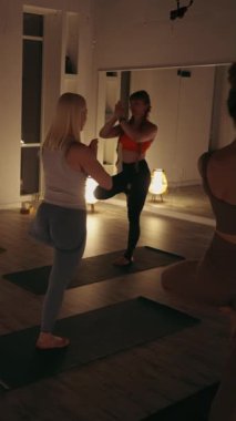 Dikey ekran: Yoga dersine katılan kadınlar ağaç duruşu yapıyor veya Vrksasana sakin bir stüdyoda. Oda, duvar boyunca ılık ışık ve aynalarla aydınlanıyor, rahatlatıcı atmosfer.