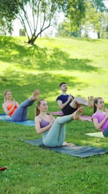 Dikey Ekran: Park 'ta yoga seansına katılan grup, tekne duruşu yapıyor, çekirdek dayanıklılığını ve dengesini arttırıyor. Açık hava fitness ve toplum refahı kavramı