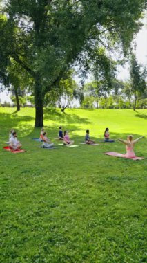 İnsanlar dışarıda parkta yoga yapıyor, eğitmenleri takip ediyorlar. Açık hava fitness ve refah kavramı.