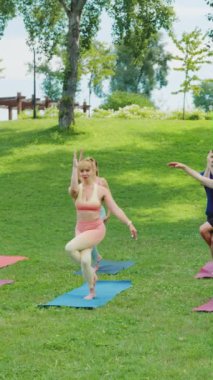 Dikey Ekran: Yoga katılımcıları eğitmenin liderliğindeki açık hava oturumunda kartal pozu pratiği yapıyorlar. Denge, odaklanma ve grup egzersizi kavramı