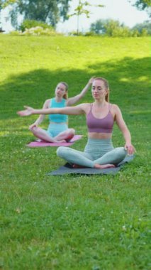 Kadınlar parktaki açık hava yoga seansı sırasında boyun esnetme hareketleri yaparlar. Boyunlarını esneterek hasırların üzerinde otururlar. Rahatlama ve esneklik kavramı
