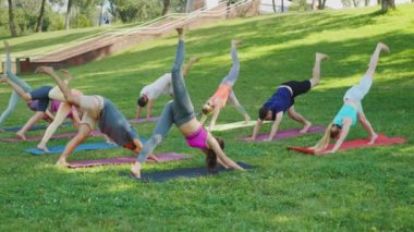 Bir grup yoga meraklısı denge ve güç için eğitmenin rehberliğinde güneşli gökyüzünün altında yeşil parkta Warrior Poz pratiği yapıyor. Açık hava fitness ve refah kavramı