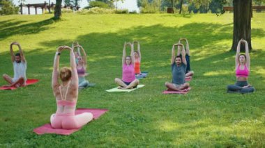Yoga gurubu, açık havada oturarak kıvrılma pozu alıştırması yapıyor. Toplum sağlığı ve zindelik kavramı