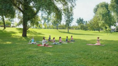 Sunny Park 'taki yoga dersine katılan bir grup insan, eğitmen tarafından yönetiliyor. Açık hava fitness ve refah kavramı.
