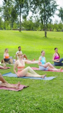 Dikey Ekran: Bir grup yoga uygulayıcısı parkta oturumun keyfini çıkarıyorlar. Katılımcılar oturarak çevirme alıştırması yapıyor ve dost canlısı köpekle meşgul oluyorlar. Toplumun refahı kavramı