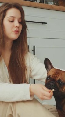 Dikey Ekran: Genç bir kadın yerde Fransız Bulldog 'la oturuyor, nazikçe okşuyor. Dişi, evcil hayvanlarla sahipleri arasında özel bir bağ olan ev mutfağında köpeğiyle iç açıcı bir anın tadını çıkarır.
