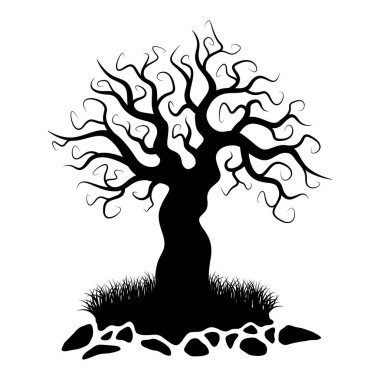 Kara ağaç silueti. Cadılar Bayramı korkunç ağacı. Ağaç ve çimen