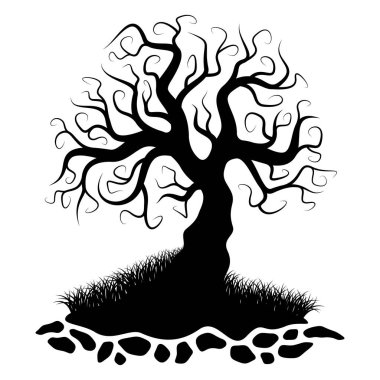 Kara ağaç silueti. Cadılar Bayramı korkunç ağacı. Ağaç ve çimen