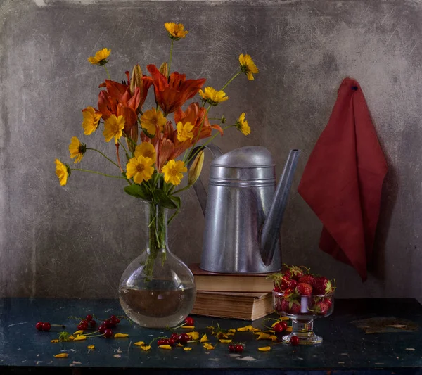 Still Life Bouquet Flowers Jug Wine — Stok fotoğraf