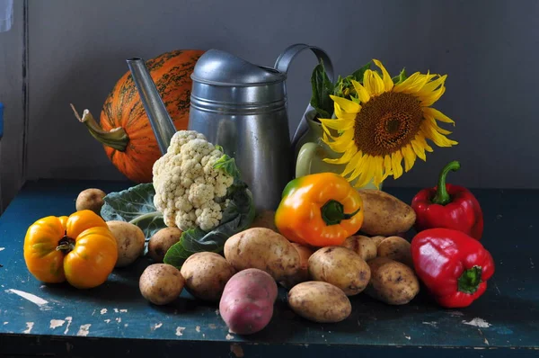 Διαφορετικά Λαχανικά Και Φρούτα Ξύλινο Τραπέζι — Φωτογραφία Αρχείου