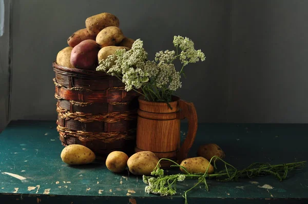 Fresh Potatoes Organic Vegetables Wooden Background — Stock Photo, Image