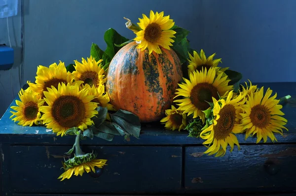 Sonbahar Kompozisyonu Renkli Ayçiçekleri Ahşap Bir Masa Üzerinde Ayçiçeği — Stok fotoğraf