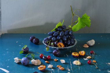 Olgun erikler ve yaban mersinleri koyu bir arka planda