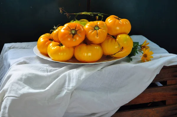 Fresh Ripe Yellow Tomatoes Basket Wooden Background — Stock Photo, Image