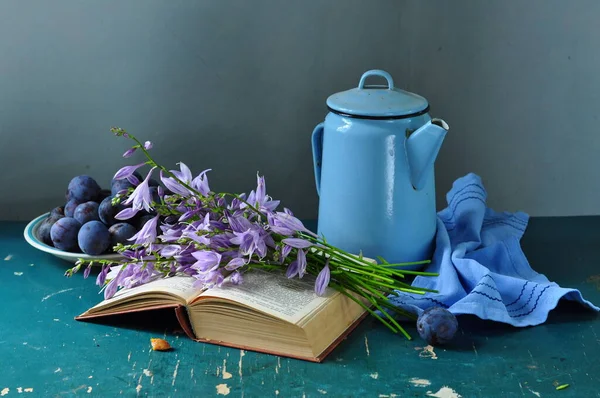 Blaue Und Violette Blumen Auf Dunklem Hintergrund — Stockfoto