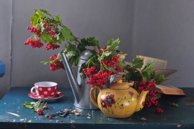 Böğürtlenli ve ahşap arka planda bir kavanoz çayla hayat