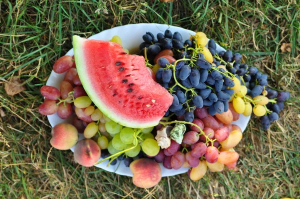Vida Tranquila Com Uvas Azuis Maduras Outras Frutas Prato Mesa — Fotografia de Stock