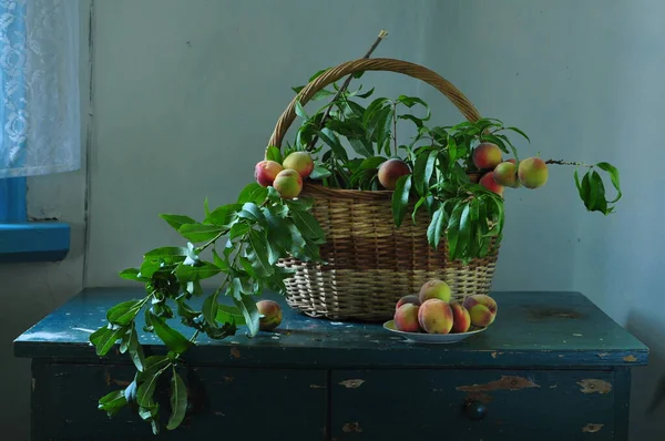 Still Life Branch Ripe Peaches Basket — Stock Photo, Image