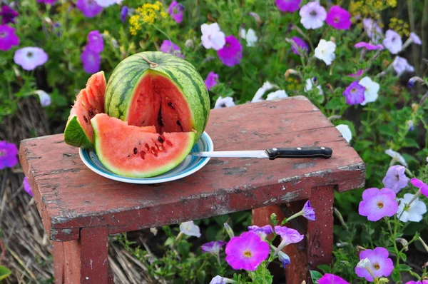 Wassermelone Und Erdbeere Auf Einem Holztisch — Stockfoto