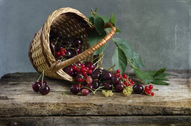 Tahta bir arka planda sepetin içinde taze kırmızı kirazlar..