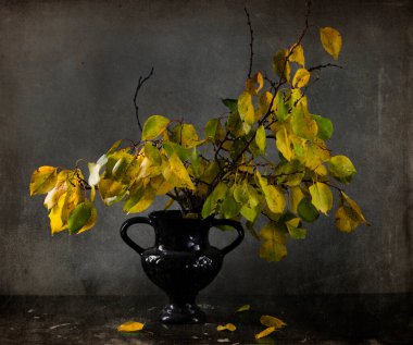 Sonbahar sarısı ve yeşil yaprakların durgun yaşamı çiçekli vazoda 