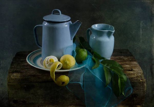 Still Life Cup Tea Jug Lemon — Stock Photo, Image