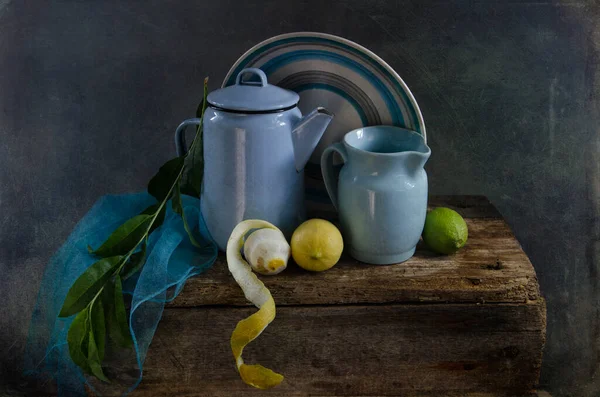 Still Life Jug Tea Teapot Wooden Background — Photo