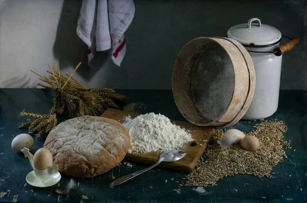 Homemade Bread Flour Spices Dark Background — Stock Photo, Image