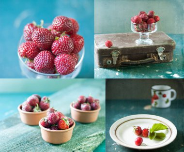 kırmızı olgun çilekler ve beyaz ahşap masa üzerinde nane şekeri, seçici odak. 