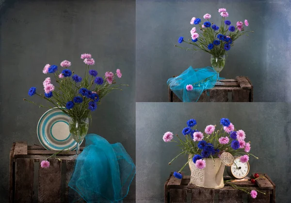 Bir Buket Yabani Çiçek Ahşap Bir Masada Vazo Ile Durgun — Stok fotoğraf