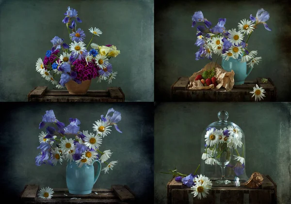 Tahta Yüzeyde Yabani Çiçeklerin Kolajı — Stok fotoğraf