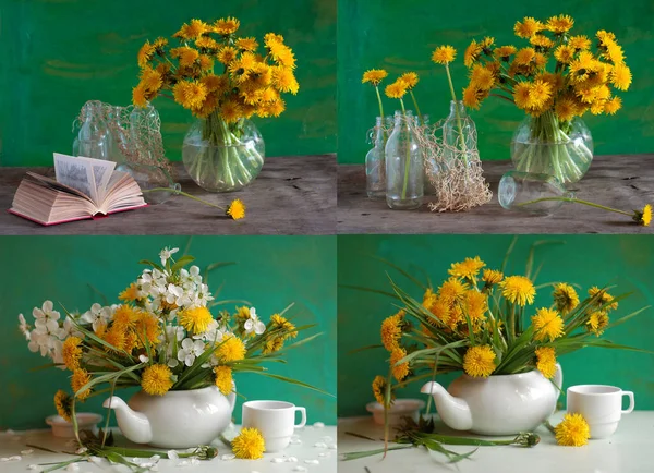 still life with beautiful yellow wildflowers in the kitchen on a rustic background.