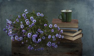 Durgun hayat, bir demet yabani çiçek, bir buket yabani çiçek ve eski bir kitap. Kırsal tarzda. seçici odak. 