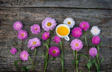 Kırsal ahşap masada yabani papatya çayı. 