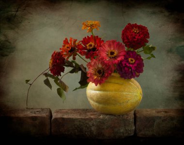 Çiçekler ve balkabaklarıyla durgun bir hayat 