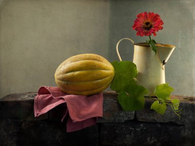 balkabağı ve çiçekleri ile natürmort 