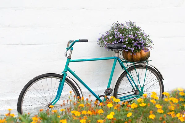 Rower Kwiatami Tle Zielonej Ściany — Zdjęcie stockowe