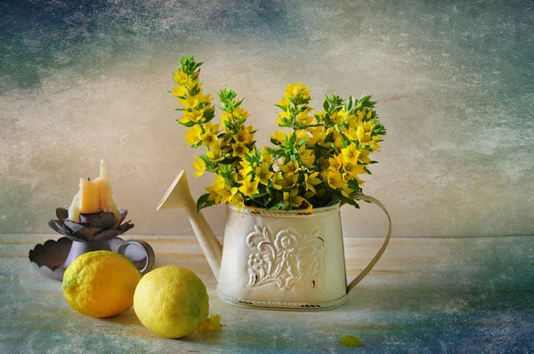 spring yellow flowers with tea on a old background