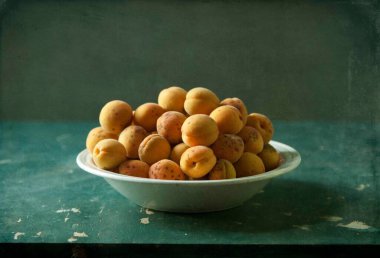 Tahta bir masada olgun armut kasesinin yakın plan çekimi. 