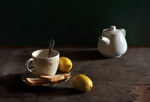 Xícara Chá Com Limão Biscoitos — Fotografia de Stock