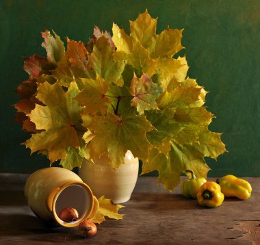 Hayat yeşil ve sarı sonbahar yapraklarıyla dolu 