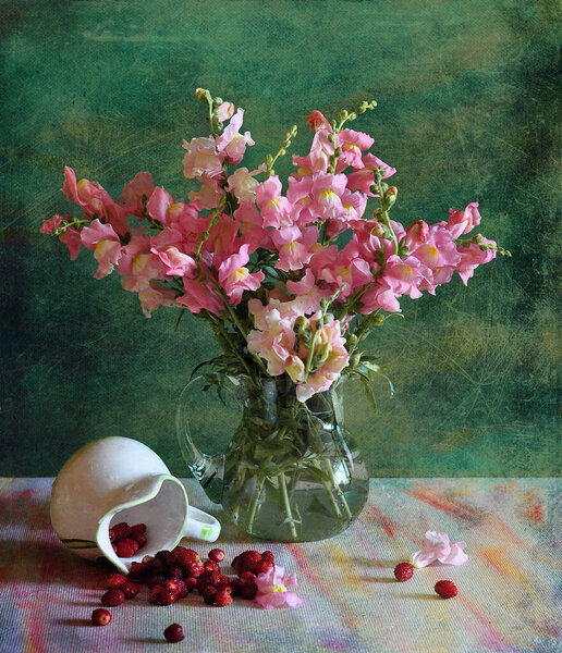 still life with flowers on a background of pink and white peonies 