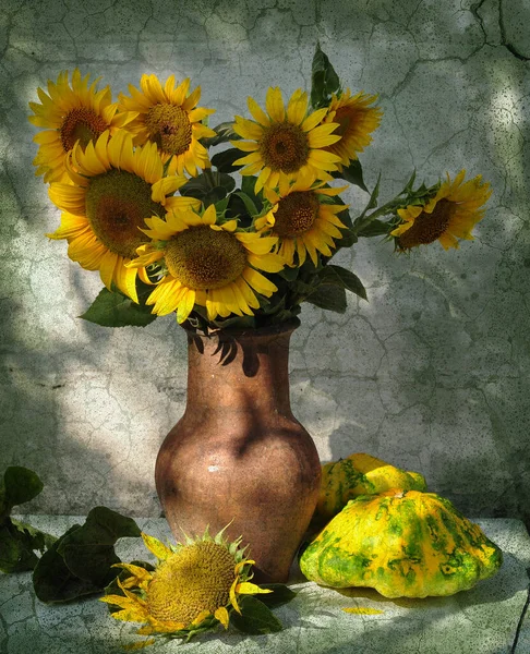sunflower and sunflowers with flowers on old background with vintage style. vintage still life