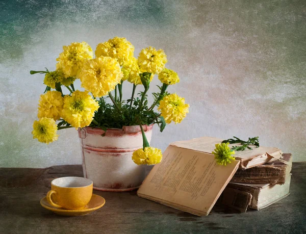 Natürmort Bir Kupa Çiçek Bir Kitap — Stok fotoğraf