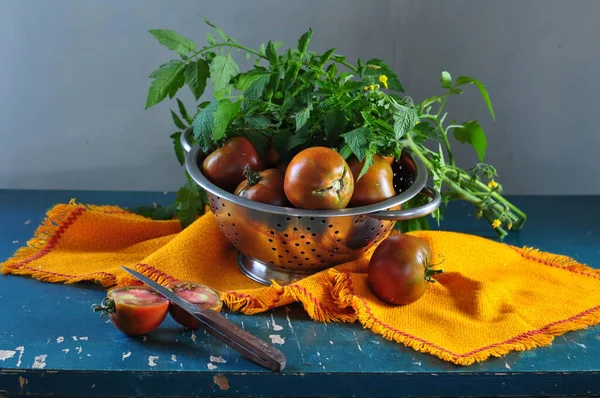 Otlu taze domatesler ve ahşap arka planda baharatlar.